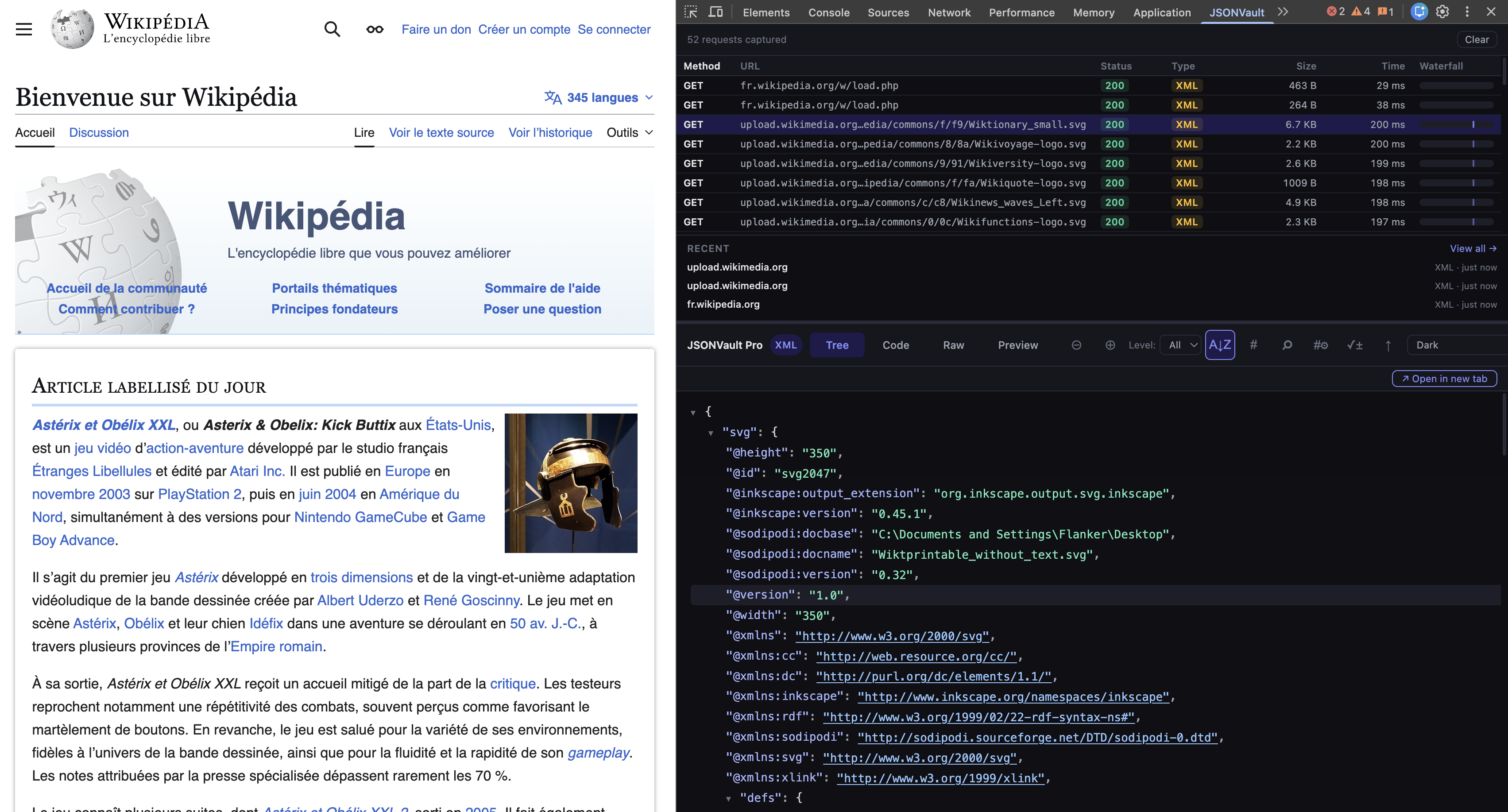 Panneau DevTools capturant les réponses réseau